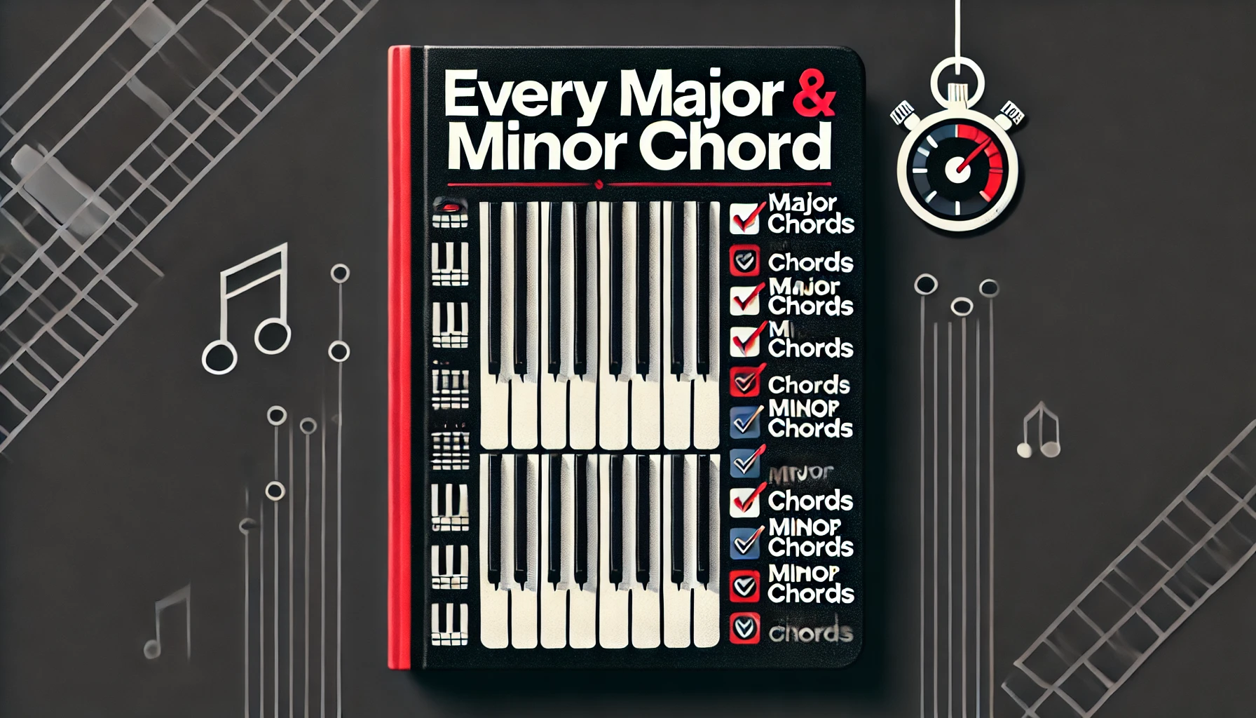 DALL·E 2025 01 01 04.02.01 Minimalistic thumbnail for a YouTube video about memorizing every major and minor chord. The design features a sleek black background with a piano key