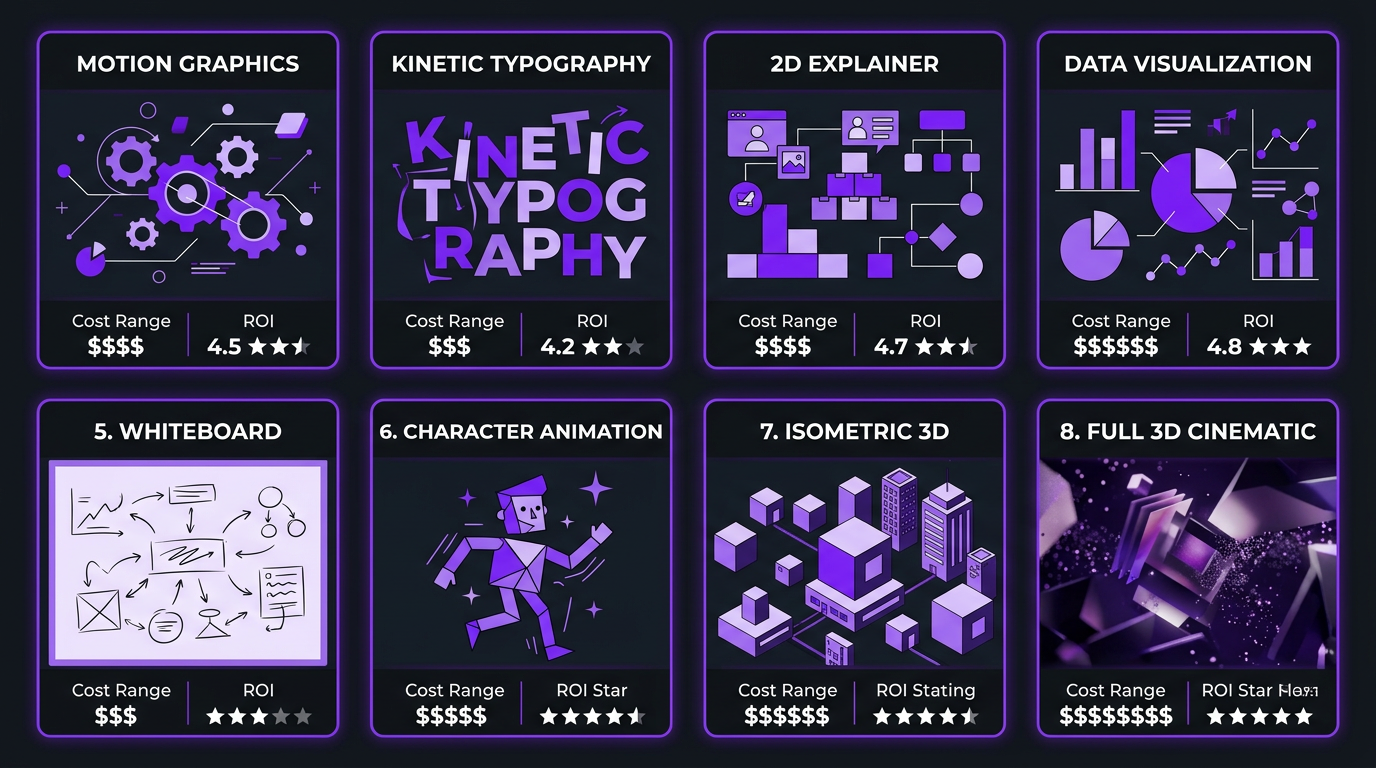 Animated Video Editing Services: Explainers, Intros & More 2 Visual comparison of 8 animation styles showing examples and relative cost-to-impact ratio