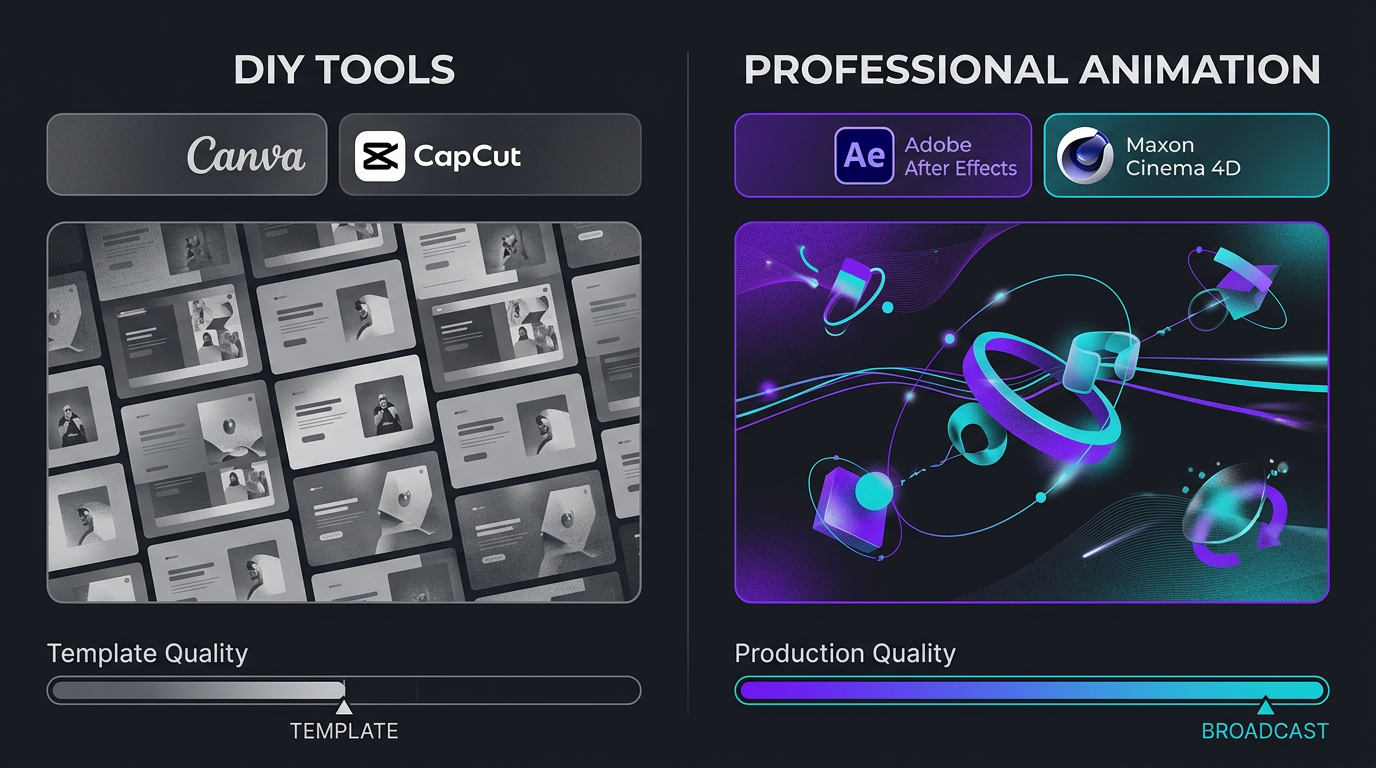 Animated Video Editing Services: Explainers, Intros & More 4 Side-by-side comparison of DIY template animation versus professional custom animation with quality indicators