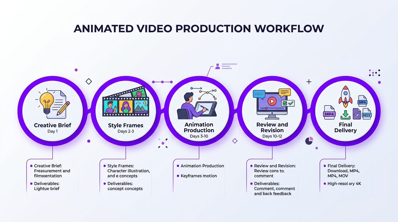 Animated Video Editing Services: Explainers, Intros & More 5 Animated video production workflow showing 5 phases from brief to final delivery with timeline