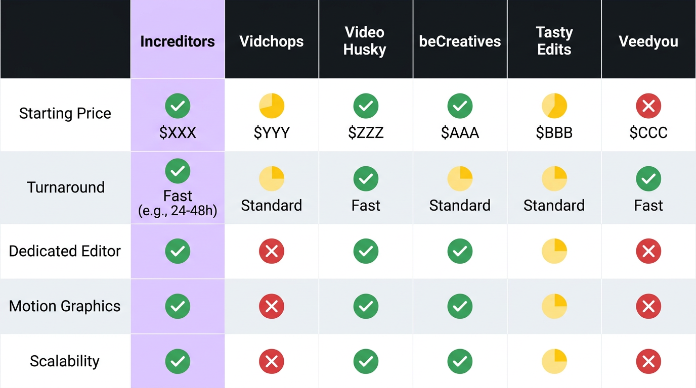Comparison matrix of video editing companies