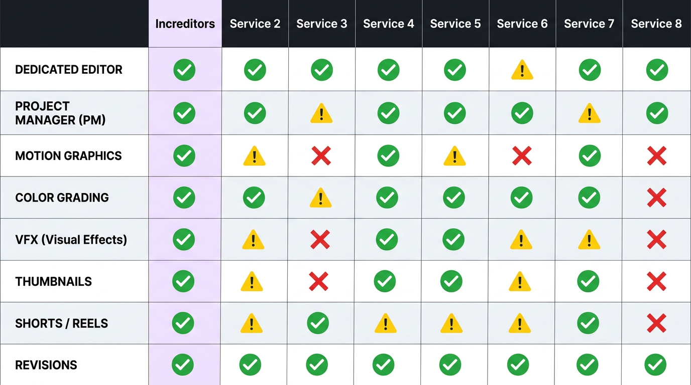 Feature comparison matrix for editing services