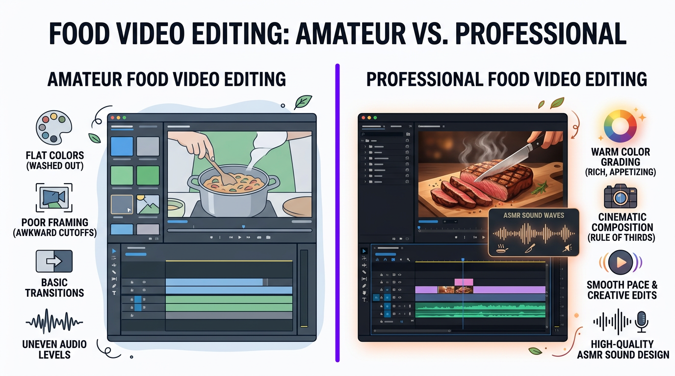 Side-by-side comparison of amateur vs professionally edited food video frames