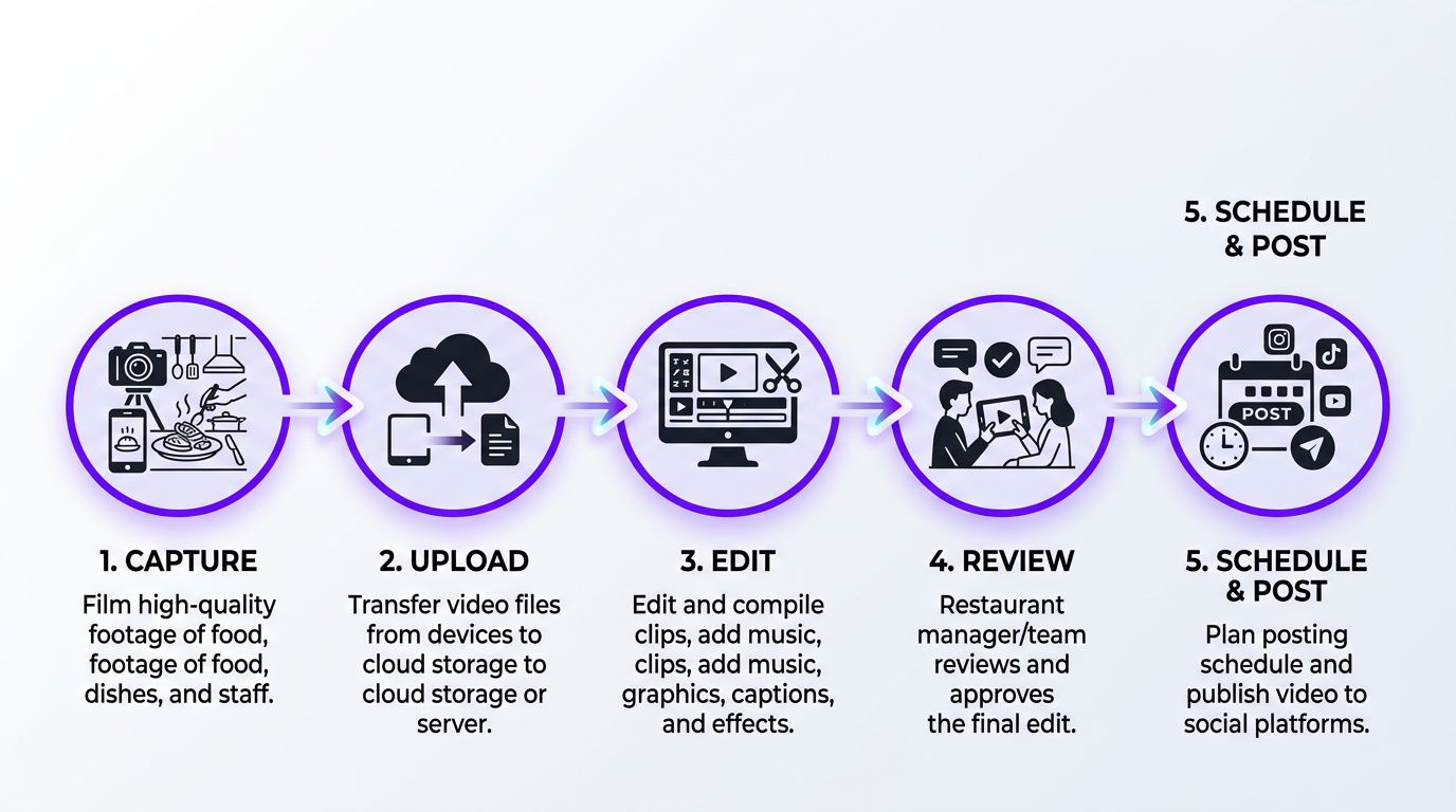 Flowchart showing the restaurant video production workflow from capture to posting