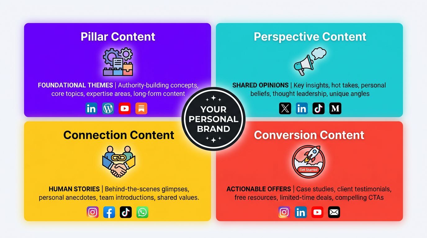 Video Editing for Personal Brands & Thought Leaders 2 Four-tier content framework diagram for thought leaders showing pillar, perspective, connection, and conversion content