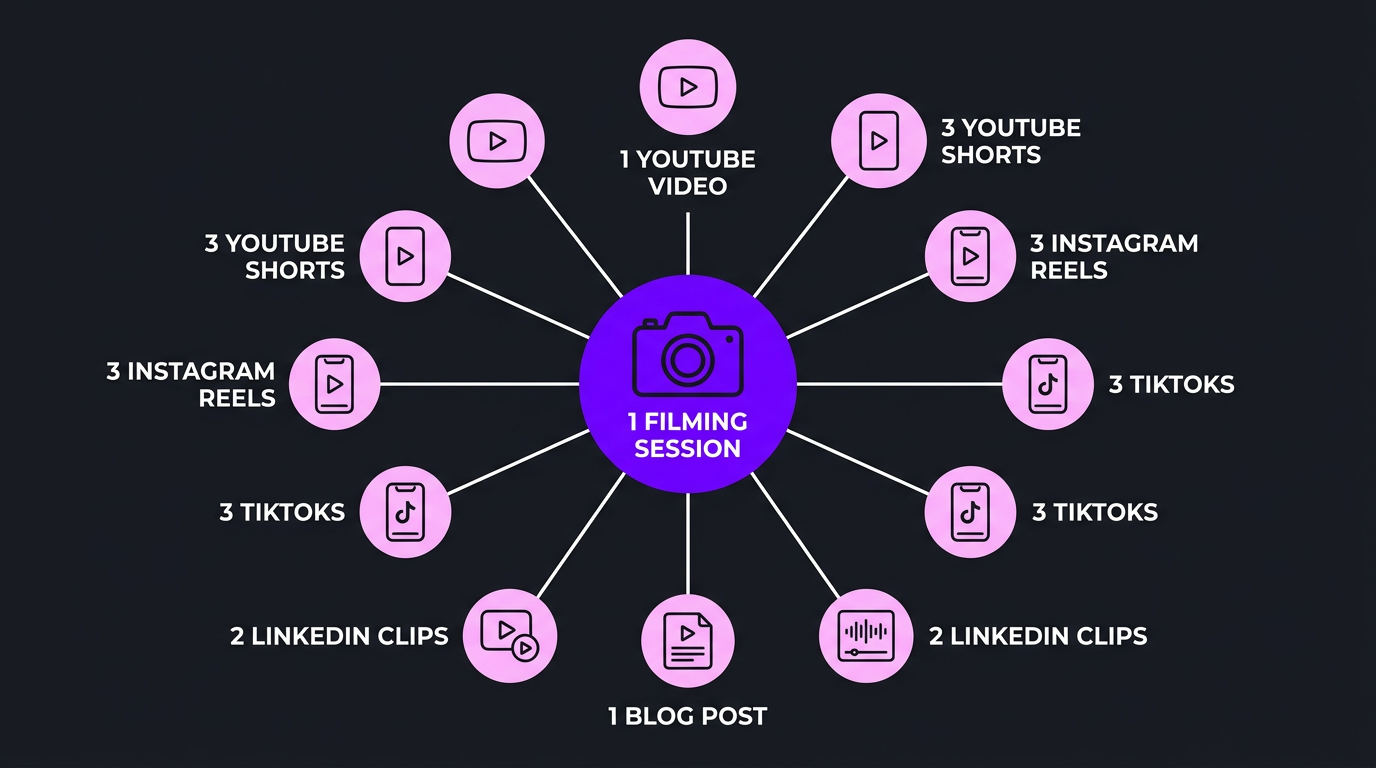 Video Editing for Personal Brands & Thought Leaders 3 Visual diagram showing 1 pillar video being repurposed into 10+ content pieces across platforms