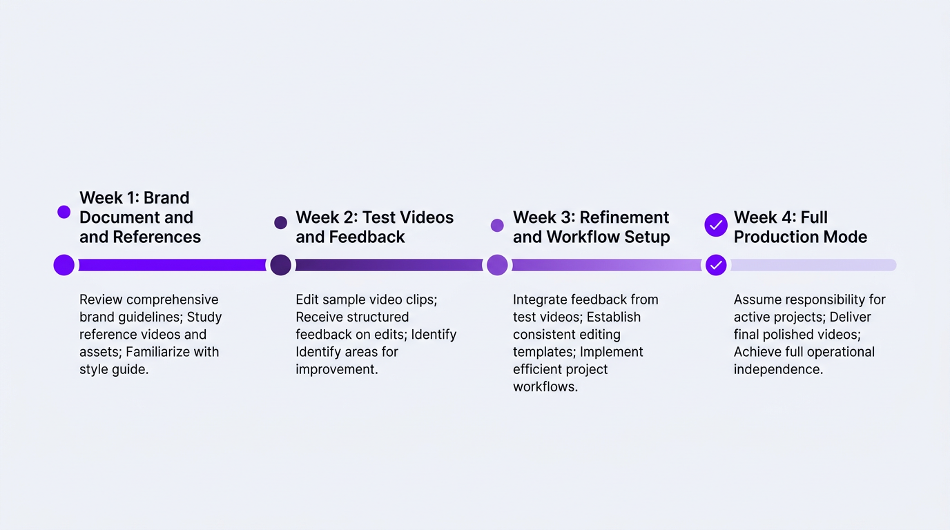 Video Editing for Personal Brands & Thought Leaders 4 Timeline infographic showing the 4-week editor onboarding process for personal brands