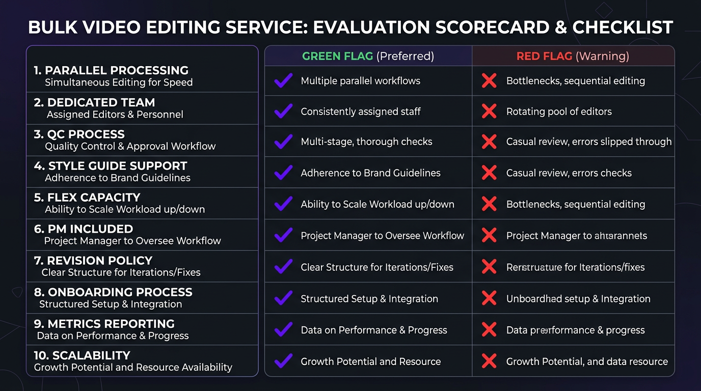 Evaluation scorecard for choosing a bulk video editing service