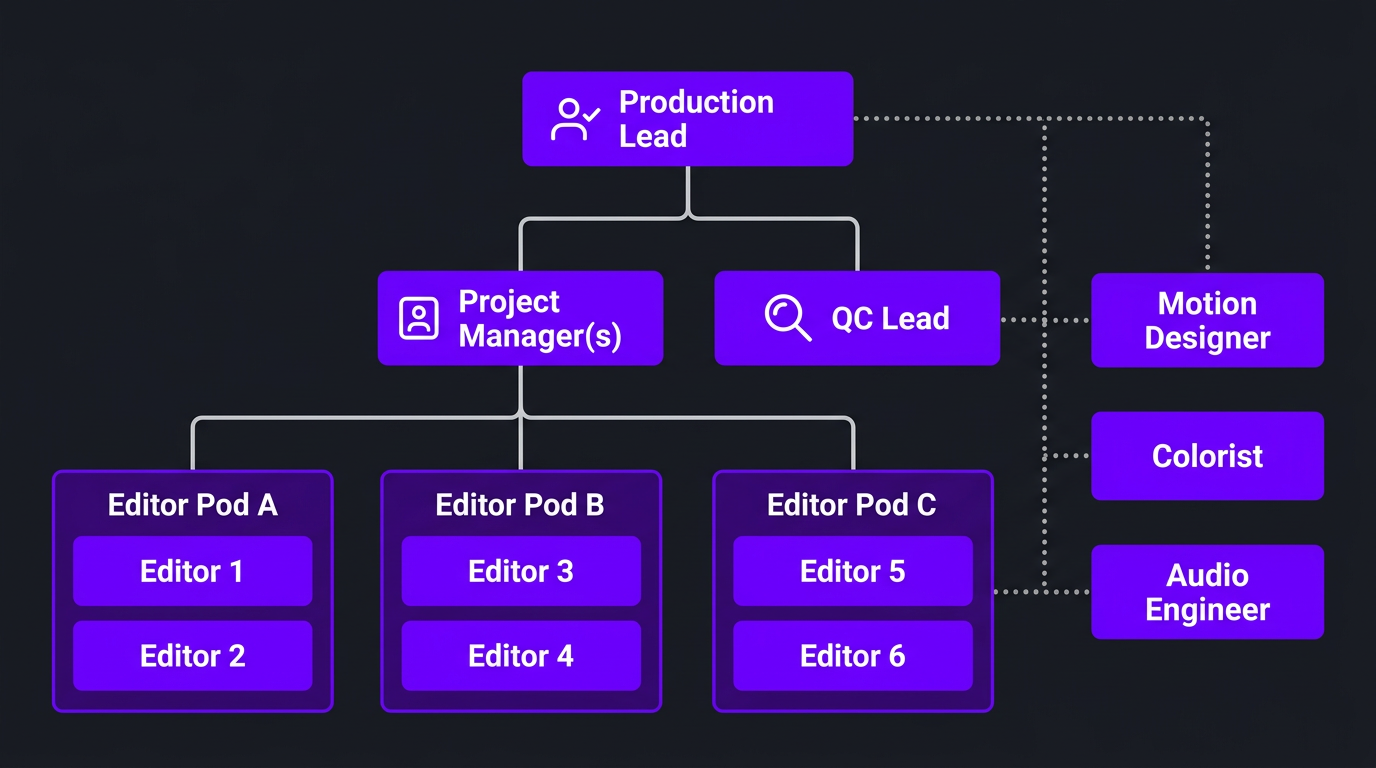 Organizational chart for a bulk video editing production team