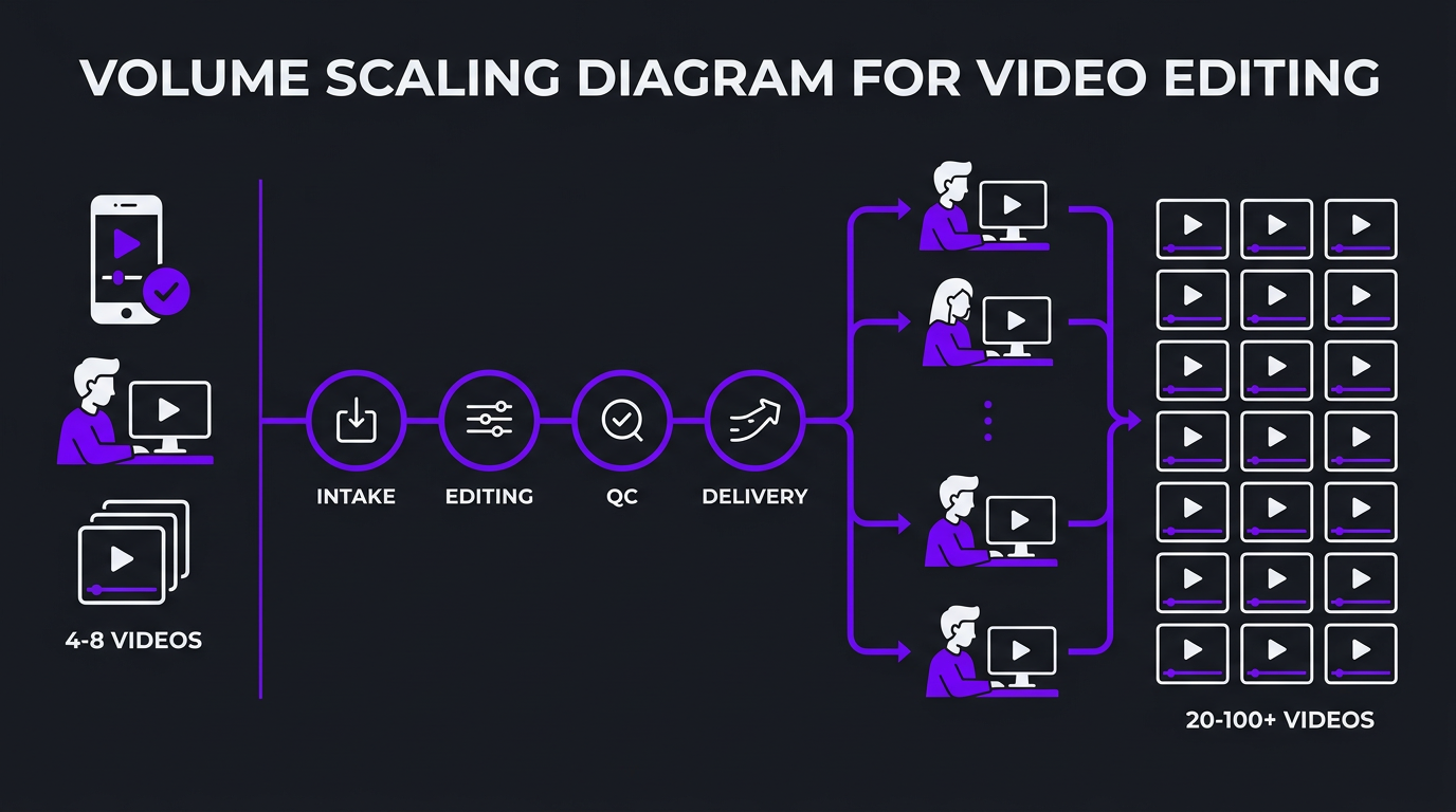 Volume scaling diagram showing single editor vs team structure for bulk video editing