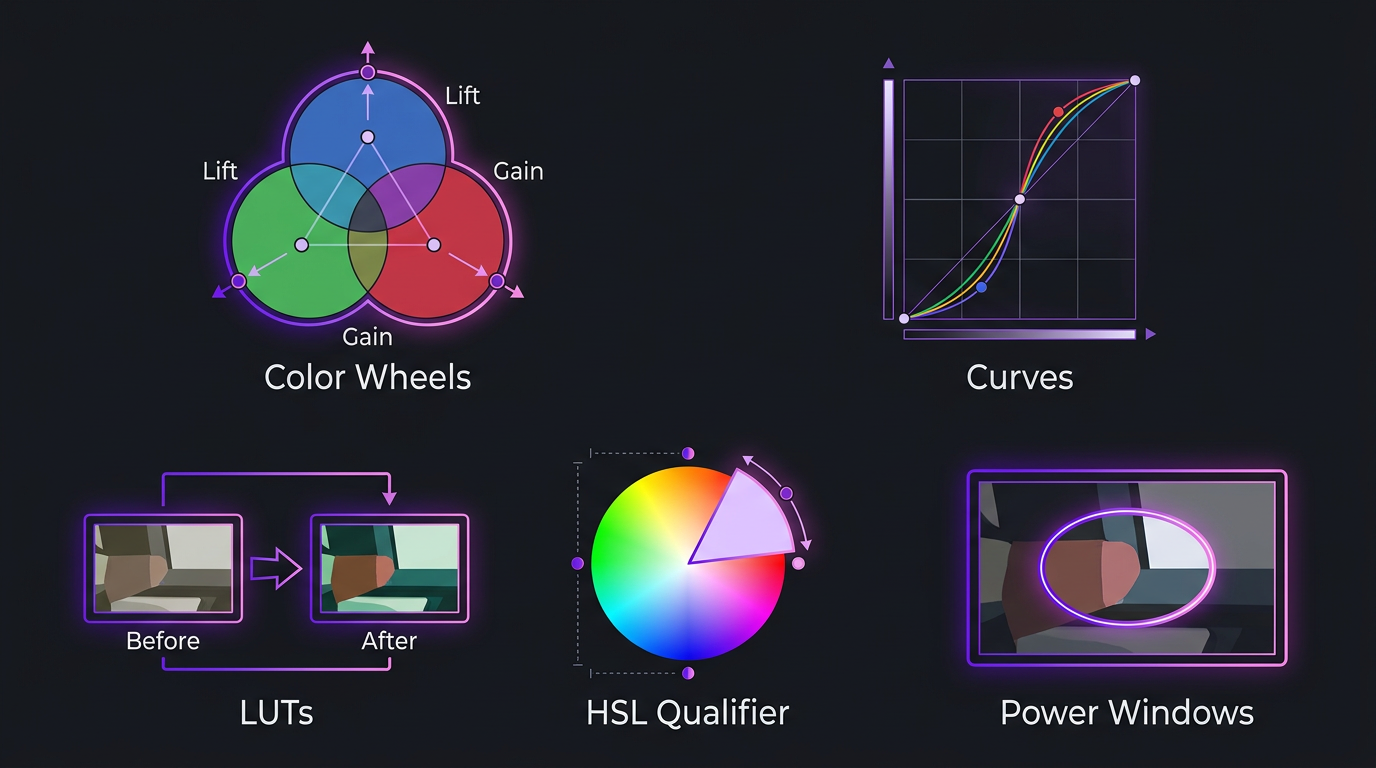 Color Grading Service for YouTube: Why It Matters 2 Color grading techniques grid: color wheels, curves, LUTs, HSL, power windows
