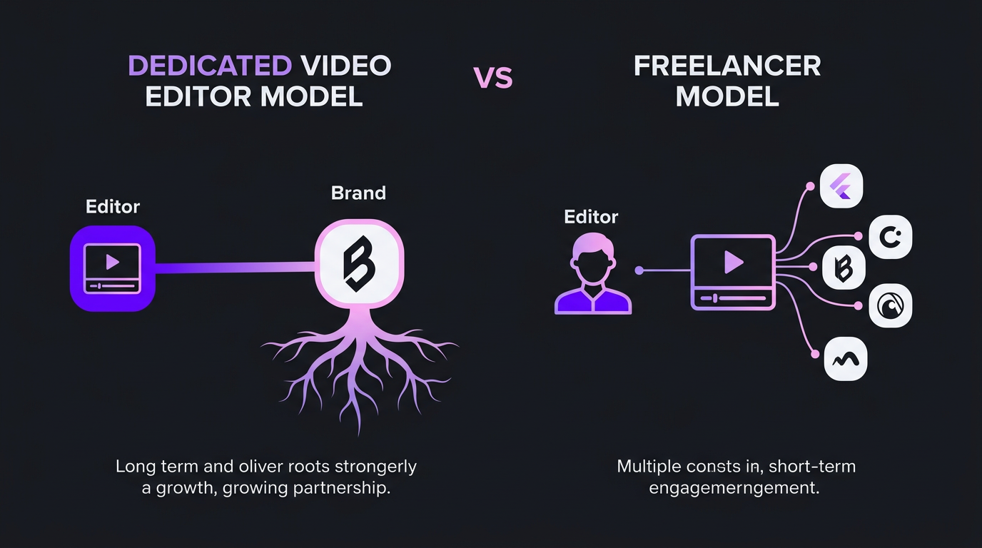 Infographic comparing dedicated video editor vs freelancer model