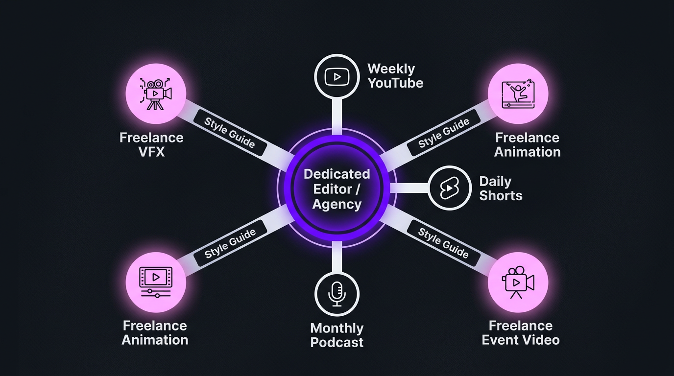 Hub-and-spoke diagram showing the hybrid editing model