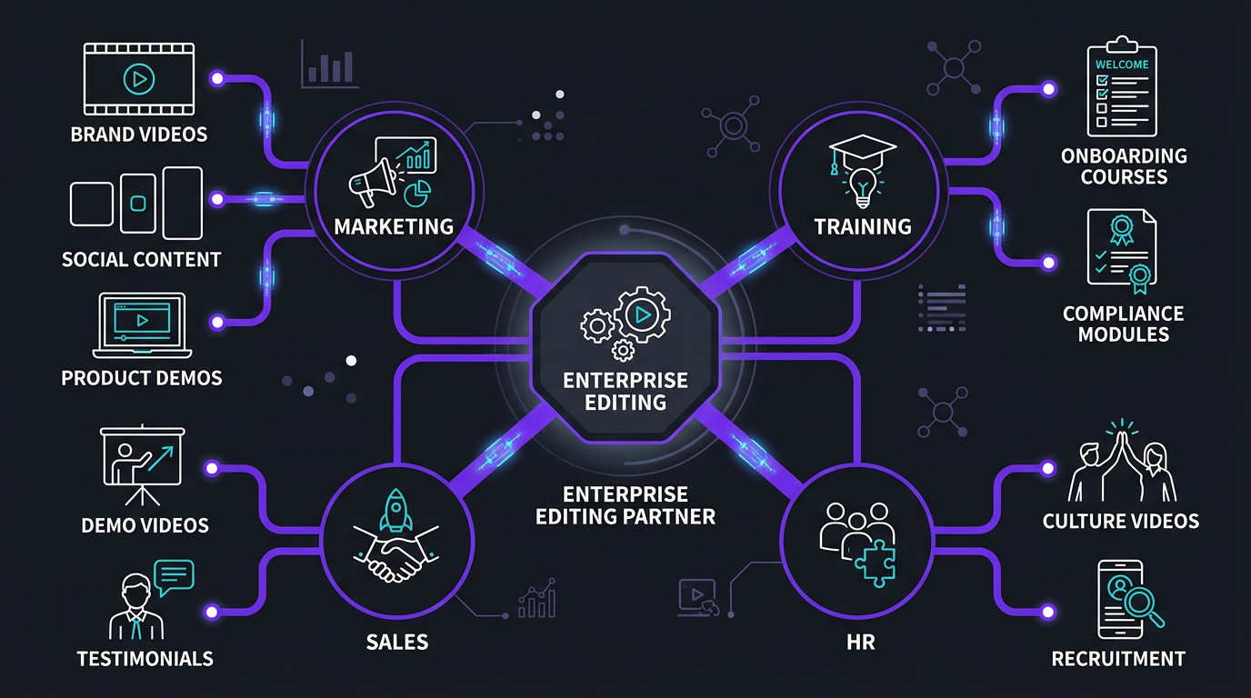Infographic showing the enterprise video editing ecosystem — a central hub connected to multiple departments (Marketing, Training, Sales, HR) with video types flowing between them. Dark background (#181a20) with purple (#6f00ff) connection lines and white text. Clean, modern diagram style.
