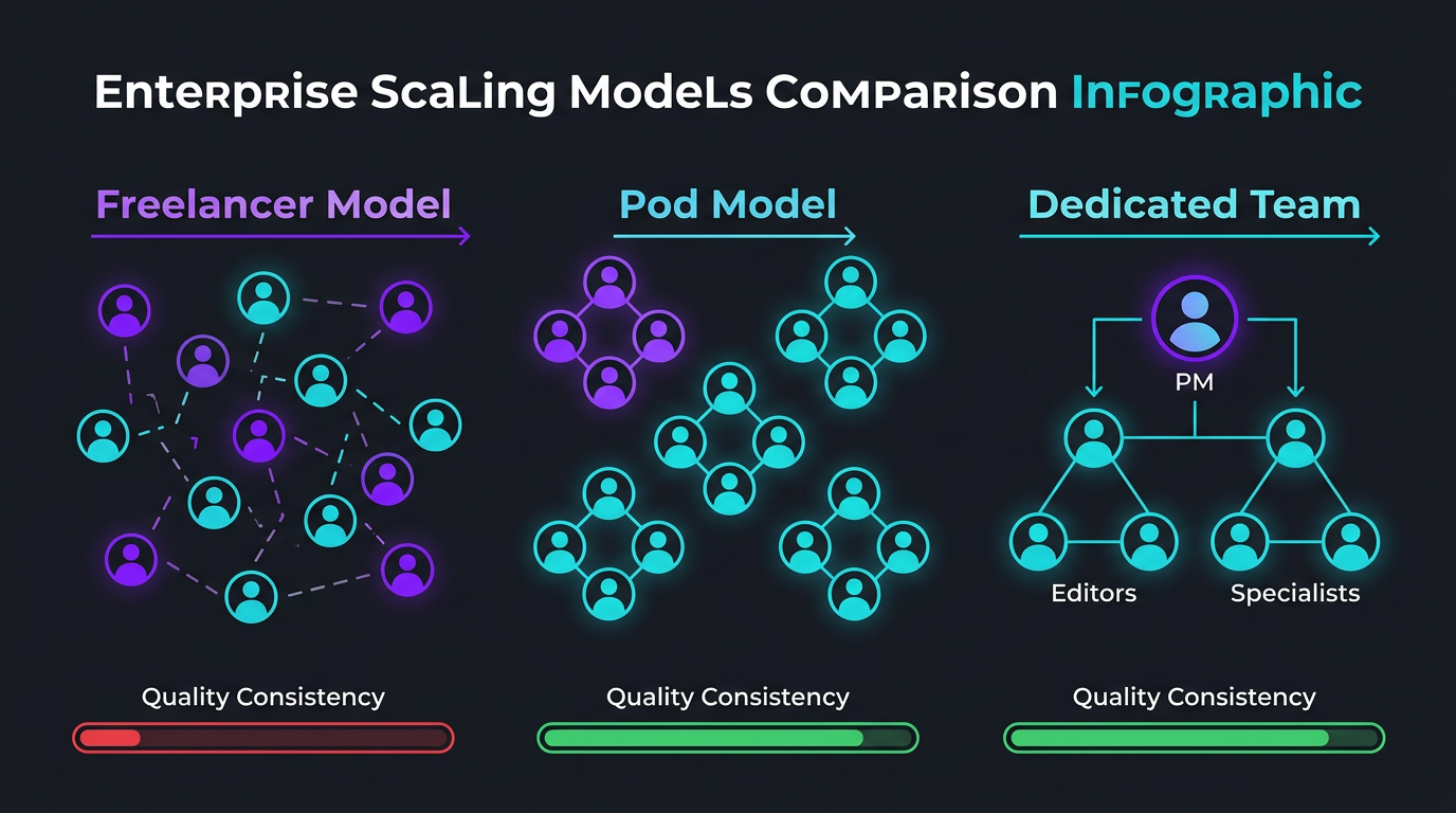 Scaling model comparison diagram — three columns showing Freelancer Model (scattered, disconnected nodes), Pod Model (organized clusters of 3-4 connected nodes), and Dedicated Team Model (single integrated team structure). Use icons for each role. Show quality consistency as a bar beneath each — low for freelancer, high for pod and dedicated. Dark background with purple and cyan accents.