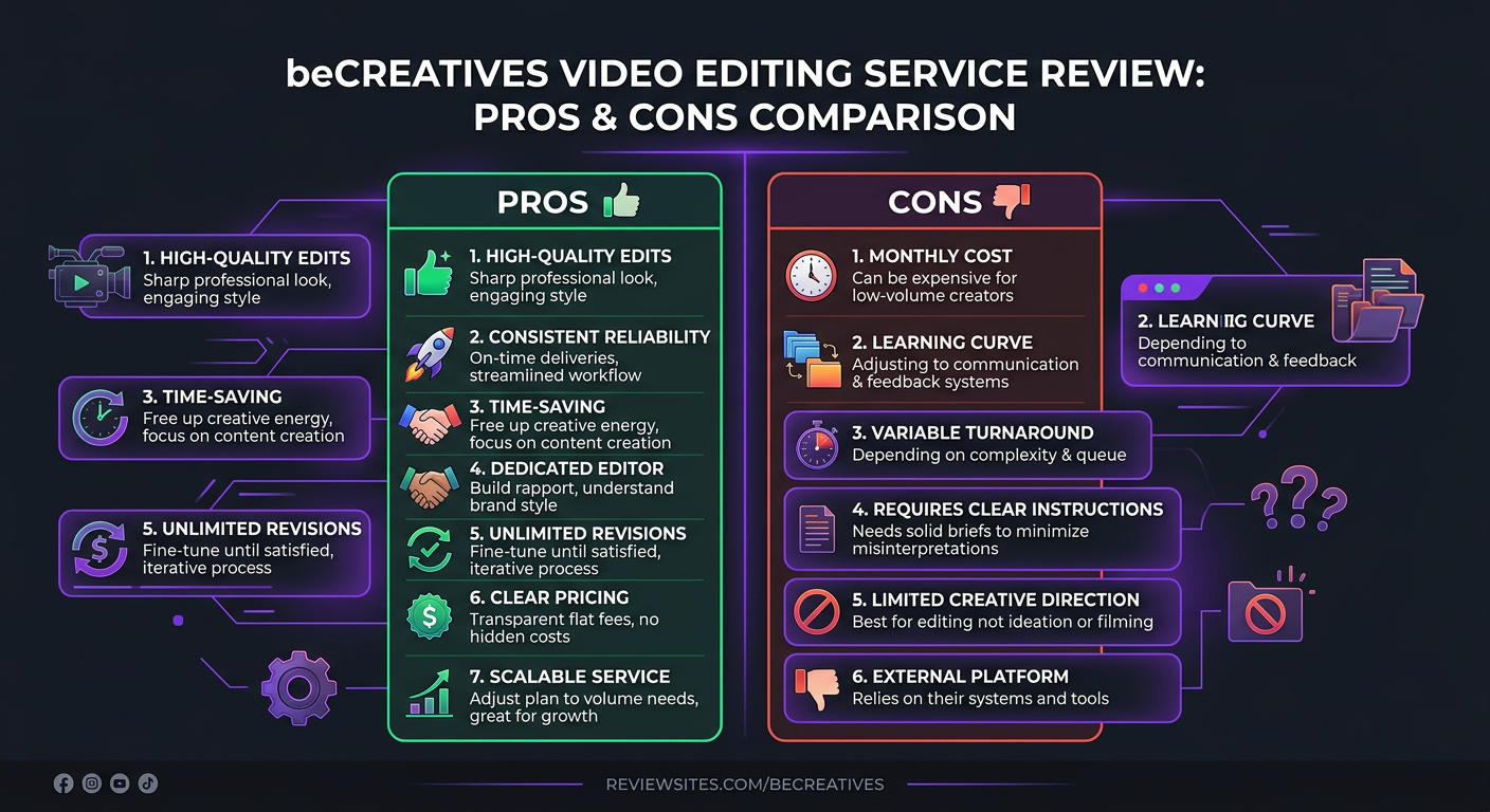 beCreatives Review: Is It Worth the Price? 5 beCreatives Review - Pros and cons comparison chart for beCreatives video editing