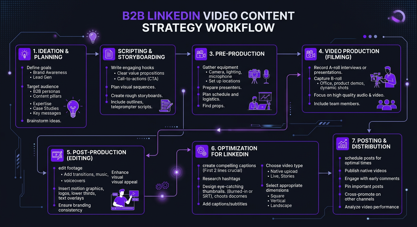 LinkedIn Video Editing for B2B Brands - Workflow infographic showing B2B LinkedIn video content stra