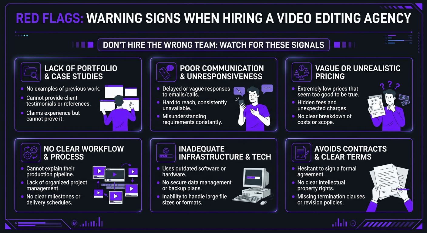 How to Choose a Video Editing Agency - Red flags infographic: warning signs when hiring a video edi