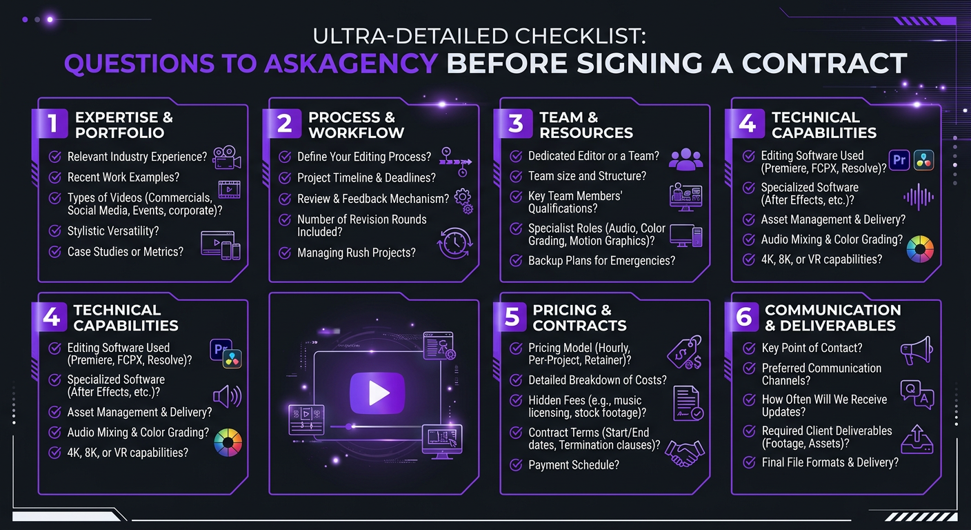 How to Choose a Video Editing Agency - Checklist infographic of questions to ask a video editing ag