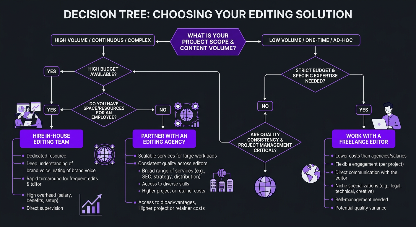 How to Choose a Video Editing Agency - Flowchart decision tree for choosing between freelance edito