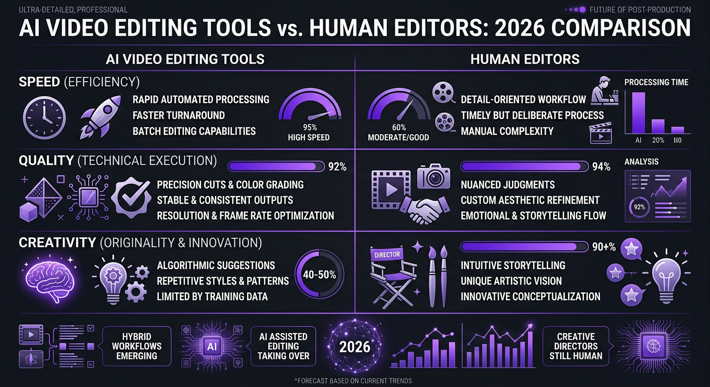 AI Video Editing vs Human Editors (2026) - Infographic comparing AI video editing tools vs human editor