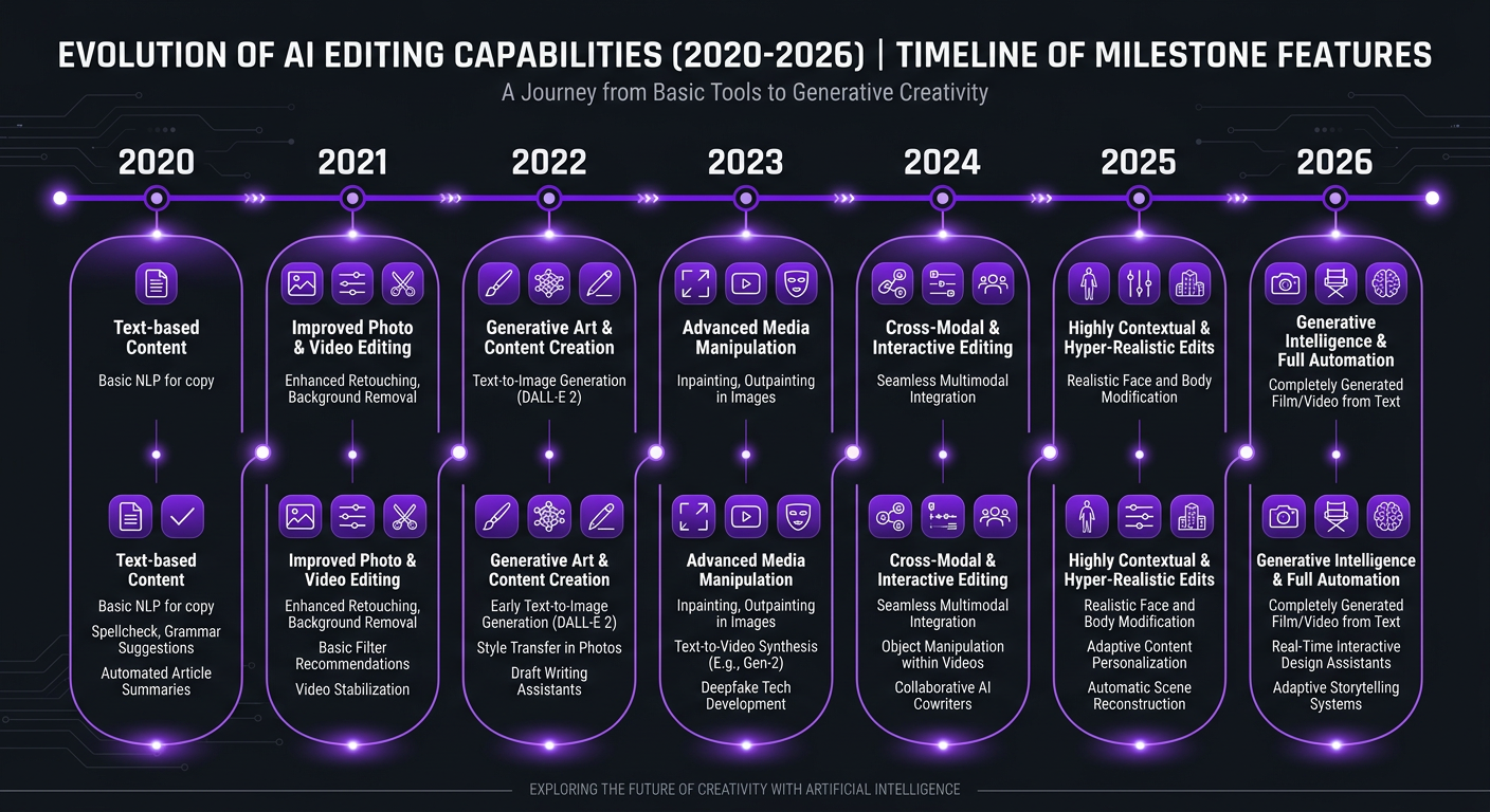 AI Video Editing vs Human Editors (2026) - Chart showing AI editing capabilities timeline from 2020 to 