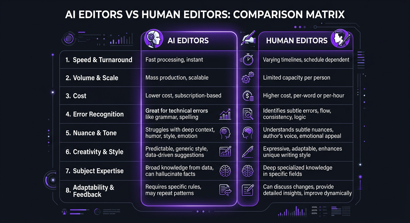 AI Video Editing vs Human Editors (2026) - Comparison matrix infographic: AI editors vs human editors a