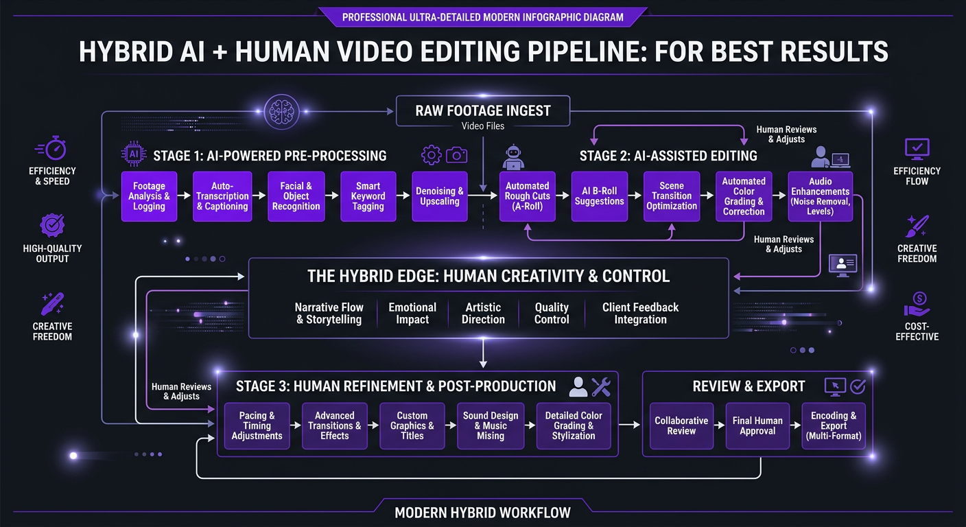 AI Video Editing vs Human Editors (2026) - Workflow diagram showing hybrid AI plus human video editing 