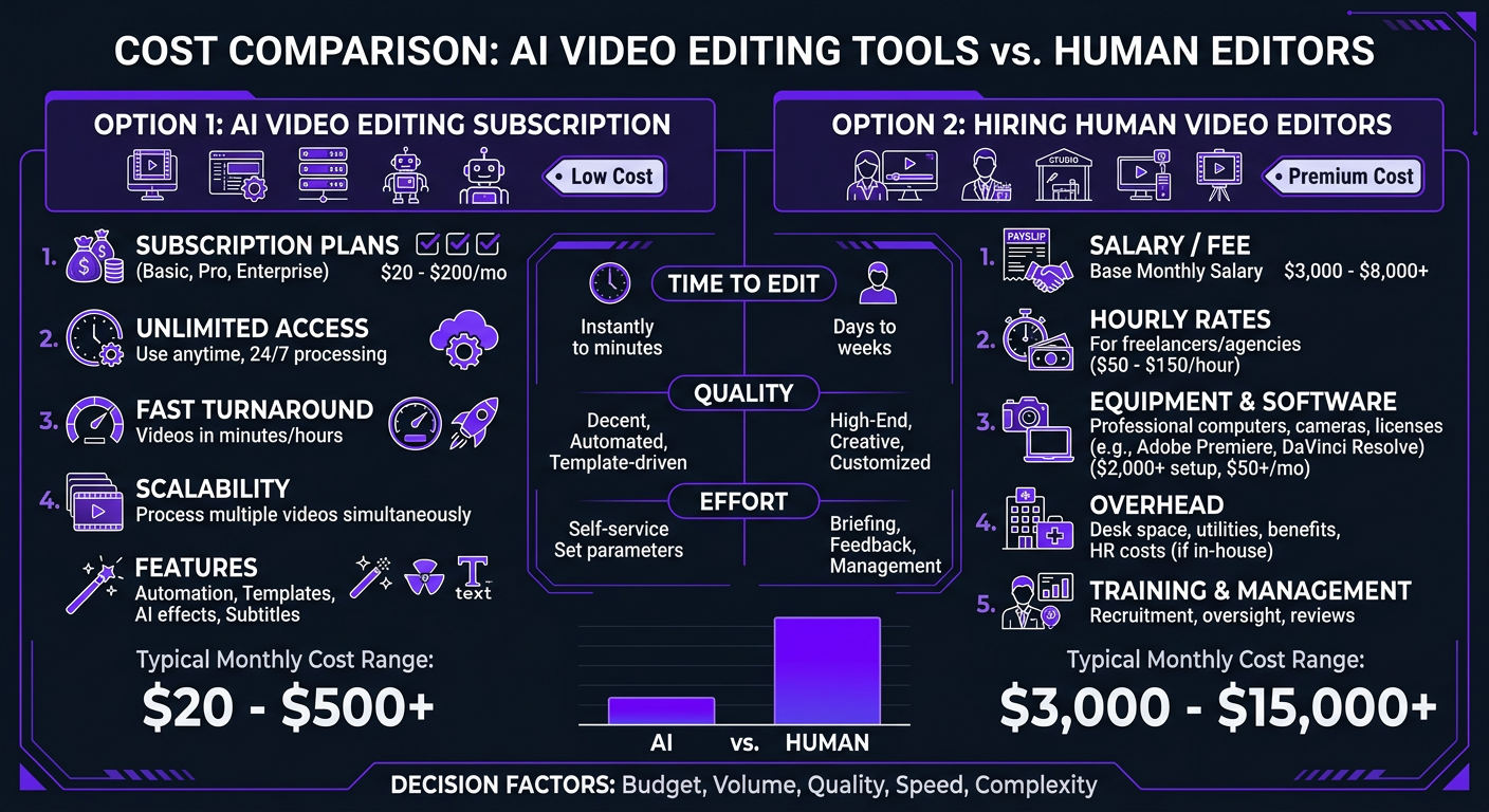 AI Video Editing vs Human Editors (2026) - Cost comparison infographic: AI video editing tools subscrip