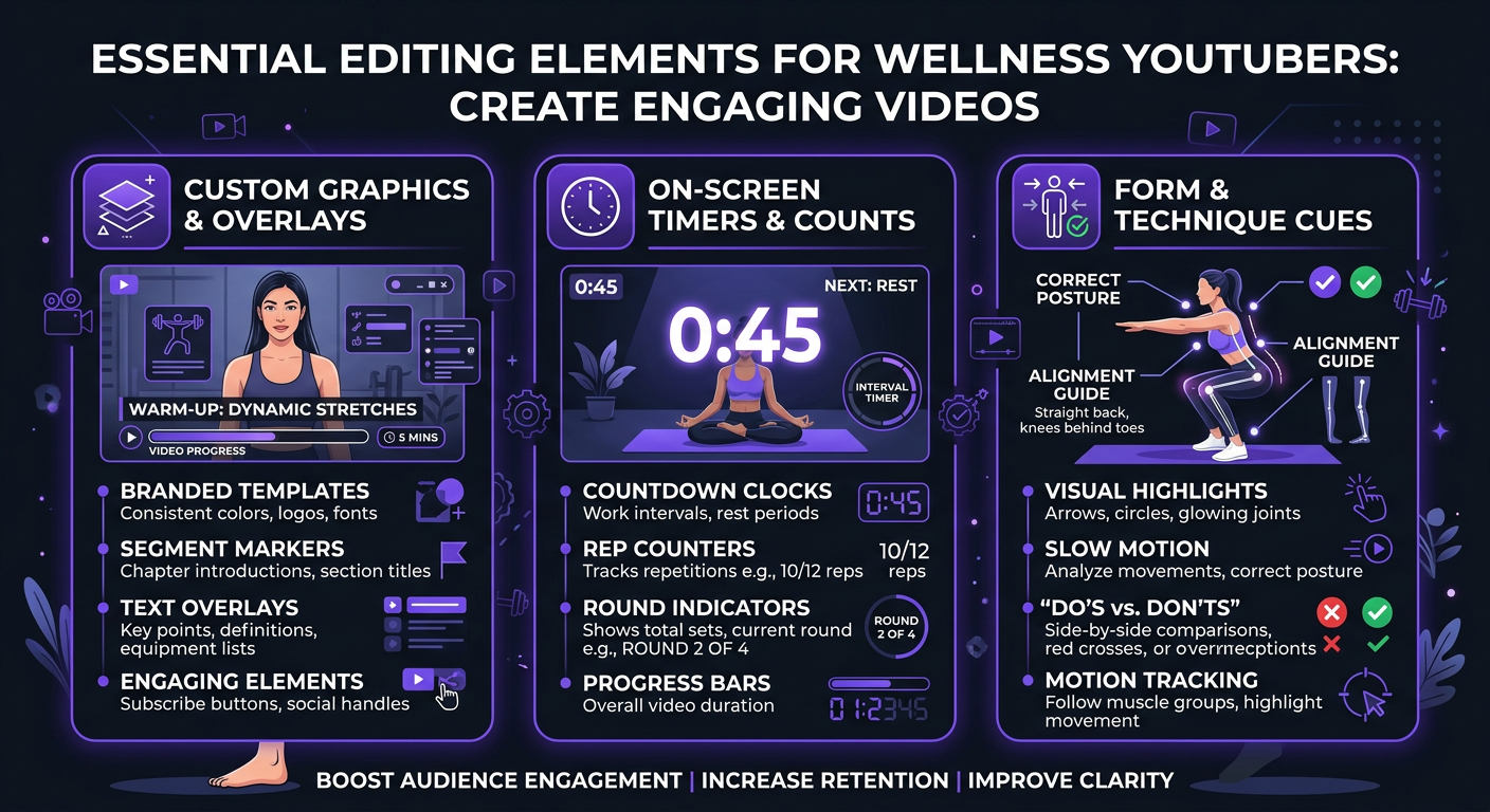 Video Editing for Fitness & Wellness YouTubers (2026) 5 Video Editing for Fitness & Wellness YouTubers - Infographic showing essential editing elements for wellness