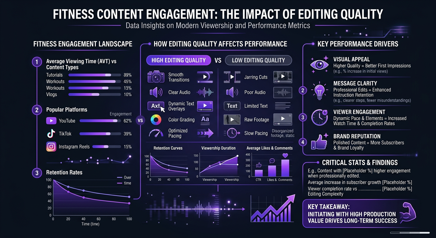 Video Editing for Fitness & Wellness YouTubers (2026) 1 Video Editing for Fitness & Wellness YouTubers - Statistics infographic on fitness content engagement and how