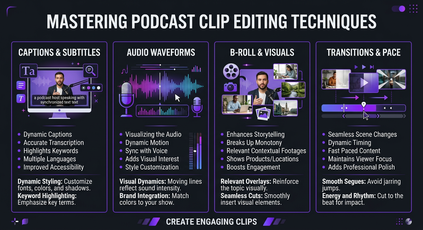 Video Editing for Podcast Clips - Infographic showing podcast clip editing techniques: caption
