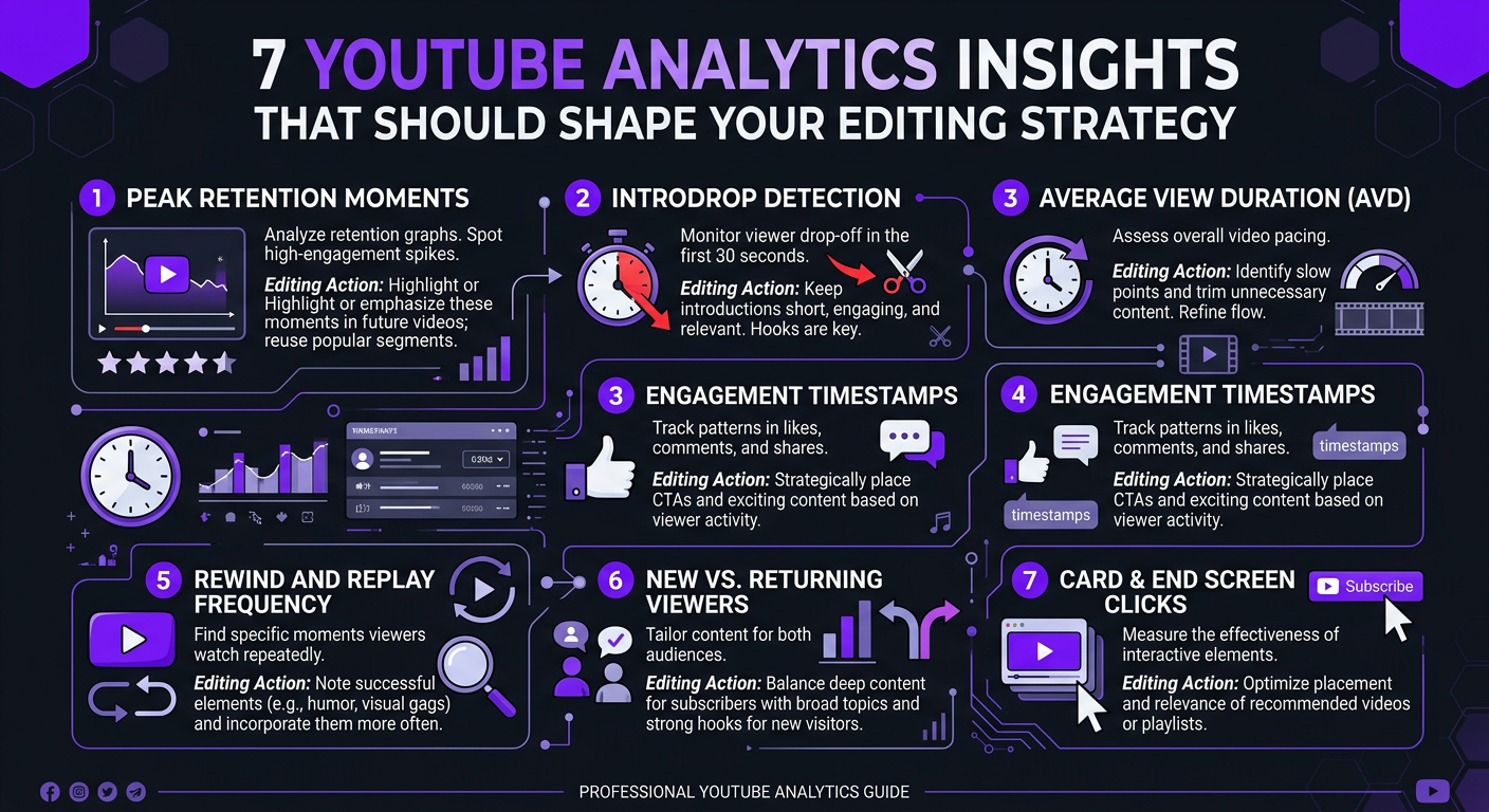 Why Your Video Editor Should Understand YouTube Analytics 1 Why Your Video Editor Should Understand YouTube Analytics - Guide infographic: 7 YouTube analytics insights that should