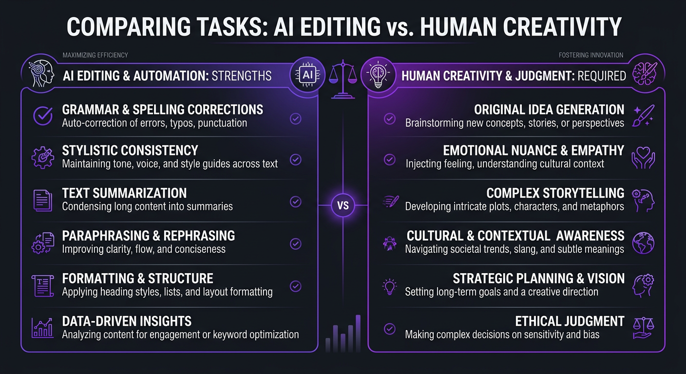 AI Video Editing vs Human Editors - Chart showing tasks best suited for AI editing vs tasks requ