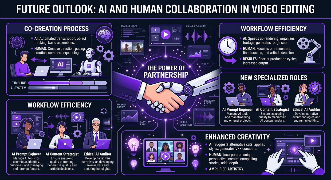 AI Video Editing vs Human Editors - Future outlook infographic on AI and human collaboration in 