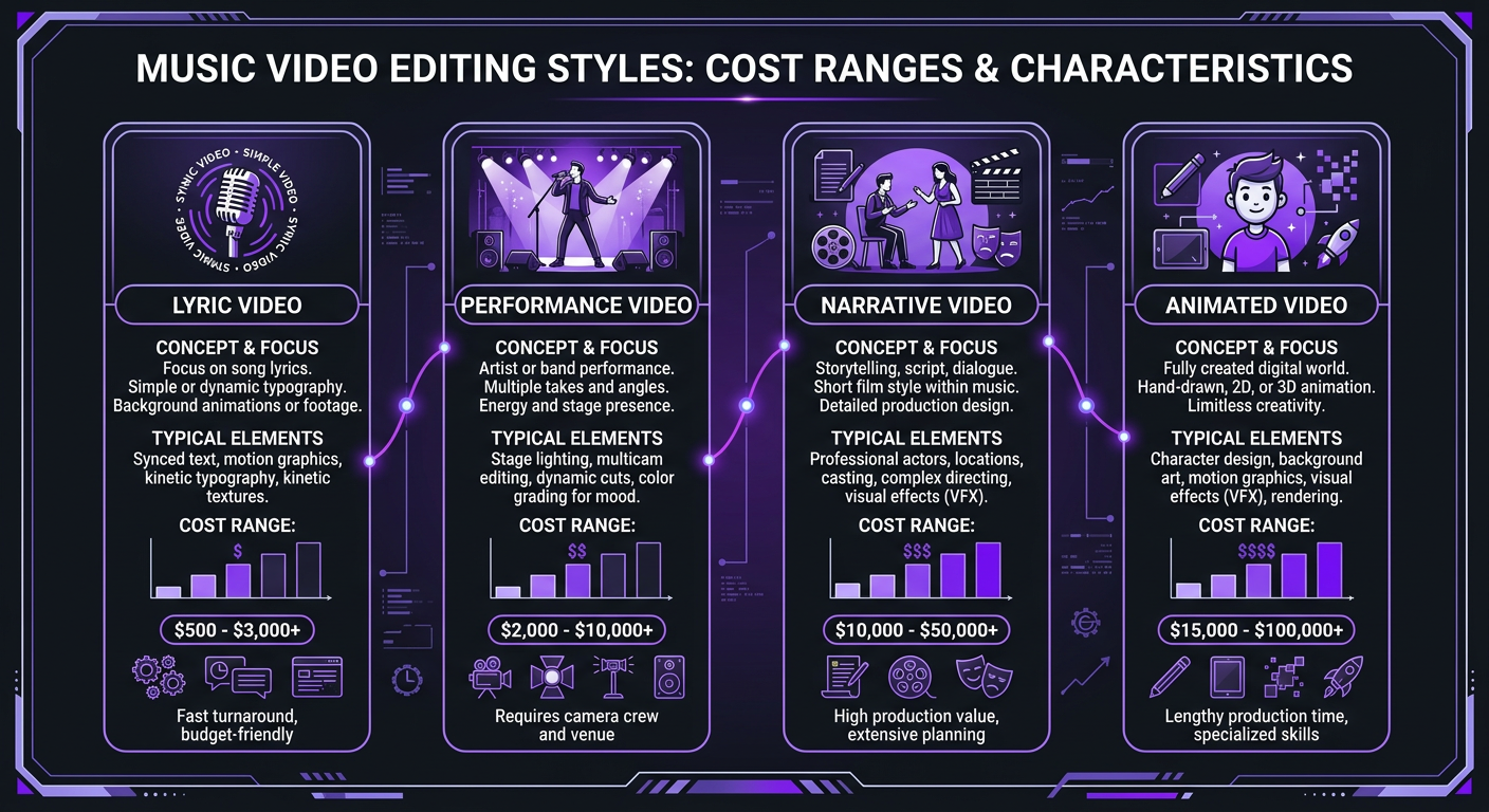 Video Editing for Music Videos: Costs, Styles & How to Find the Right Editor 2 Video Editing for Music Videos: Costs & Styles - Infographic showing music video editing styles and their cos