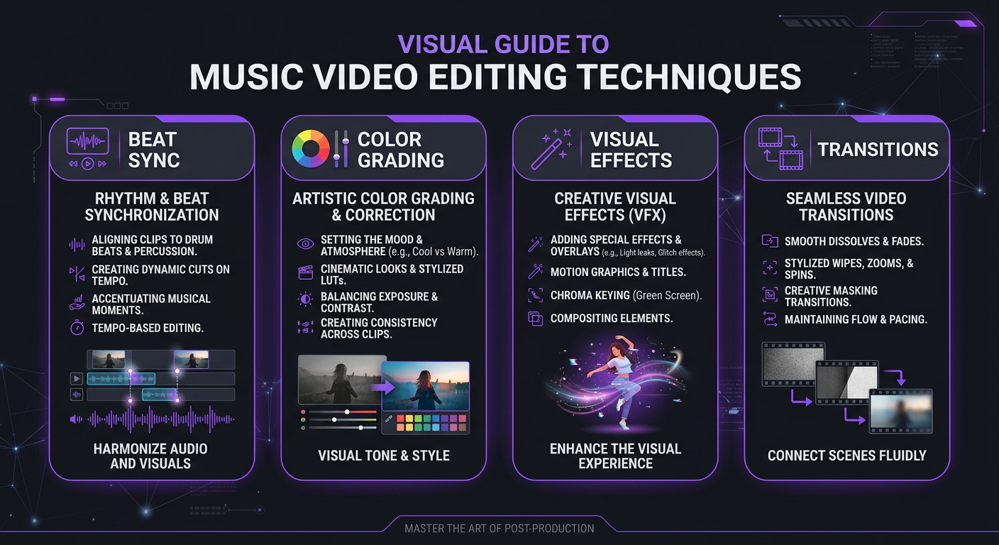 Video Editing for Music Videos: Costs, Styles & How to Find the Right Editor 4 Video Editing for Music Videos: Costs & Styles - Visual guide to music video editing techniques: beat sync, c