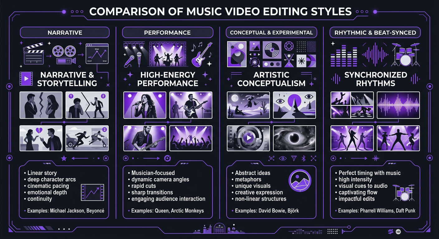 Video Editing for Music Videos: Costs, Styles & How to Find the Right Editor 5 Video Editing for Music Videos: Costs & Styles - Comparison chart of music video editing styles with example