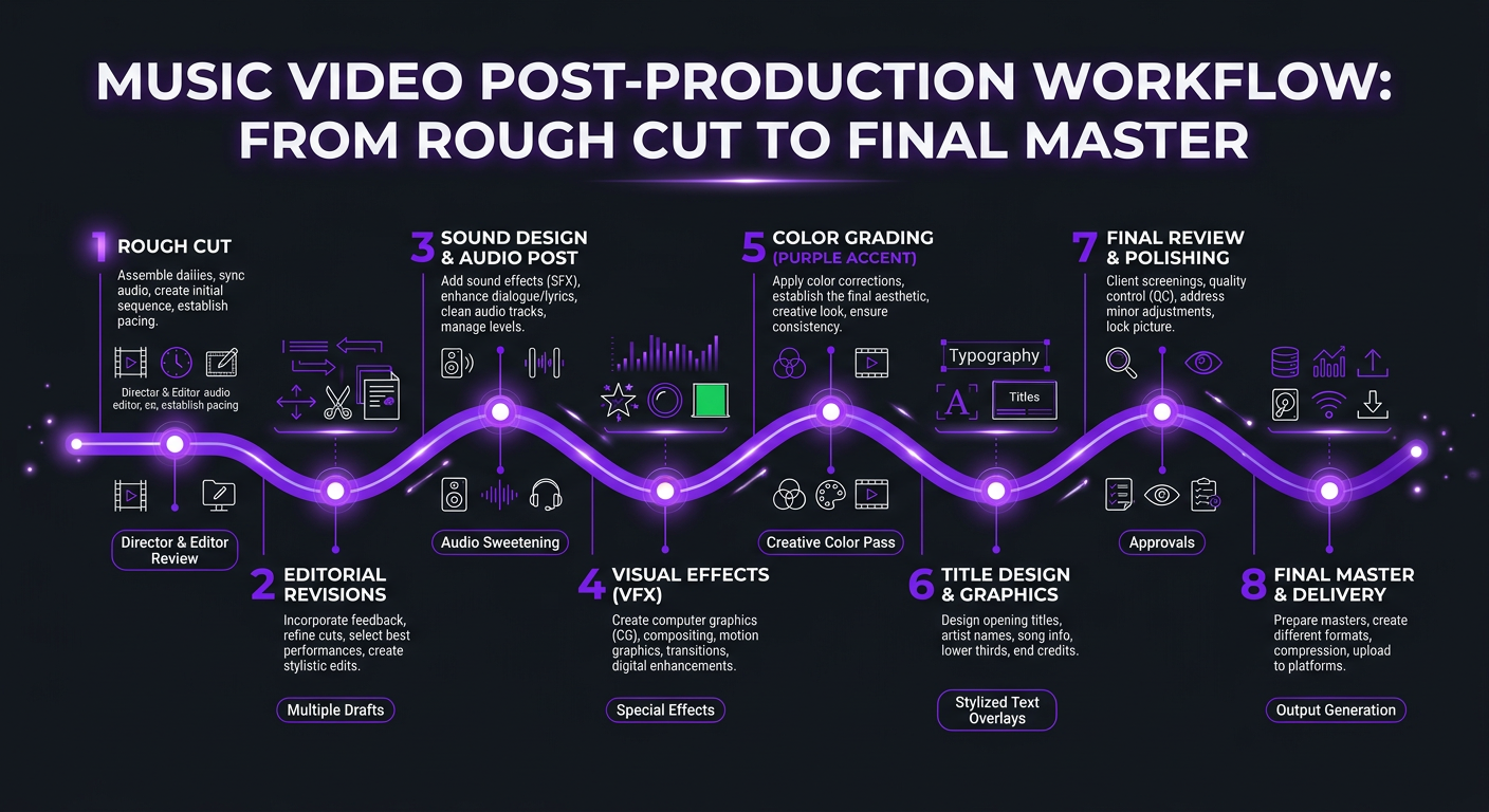 Video Editing for Music Videos: Costs, Styles & How to Find the Right Editor 1 Video Editing for Music Videos: Costs & Styles - Timeline infographic showing music video post-production wor