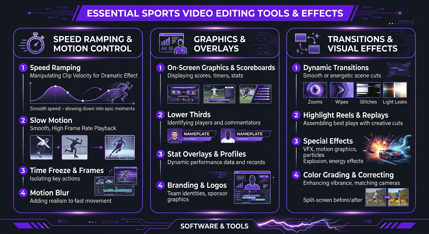 Video Editing for Sports Content - Infographic showing essential sports video editing tools and