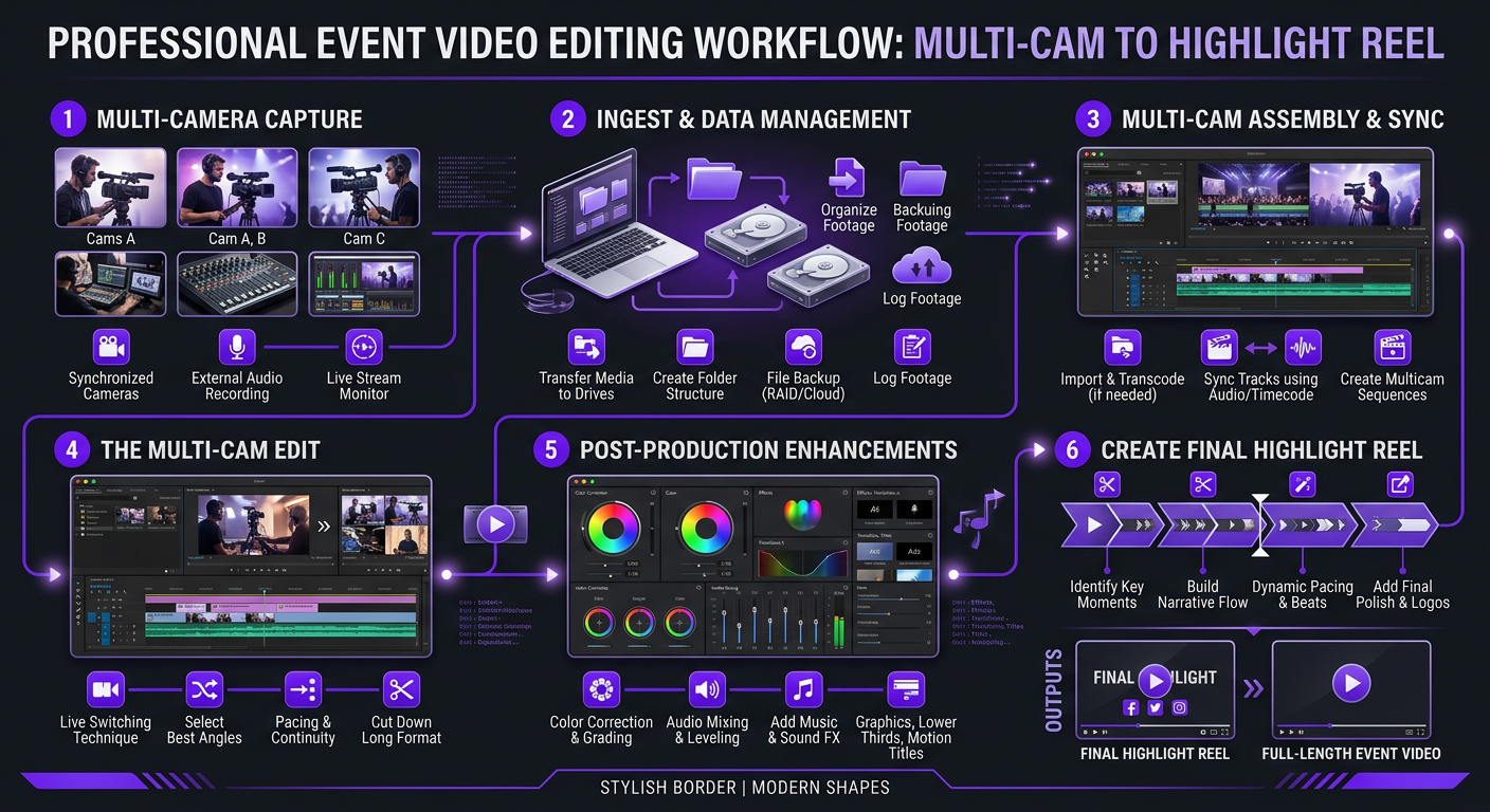 Video Editing for Events & Conferences - Infographic showing event video editing workflow from multi-