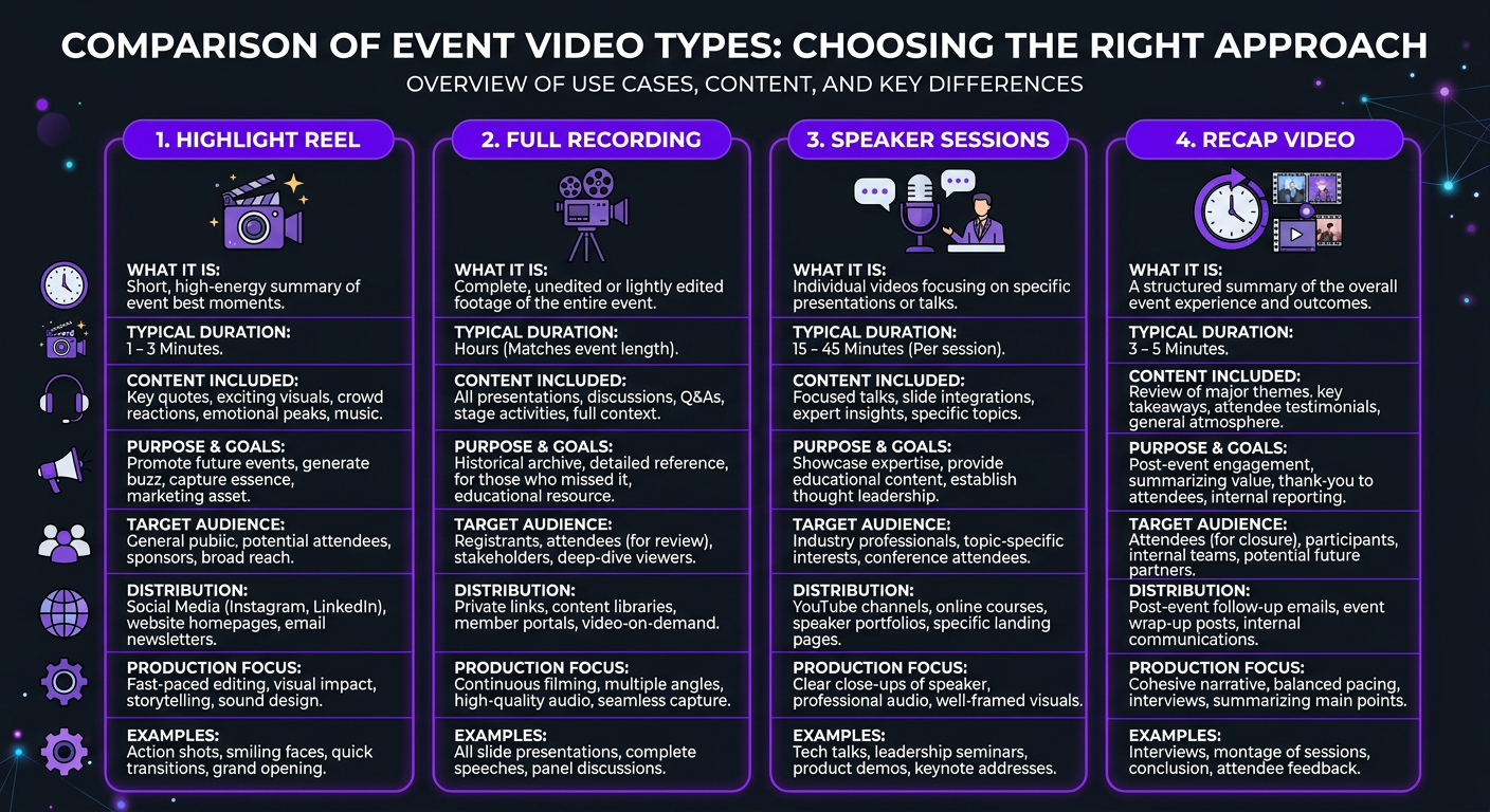 Video Editing for Events & Conferences - Comparison chart of event video types: highlight reel, full 