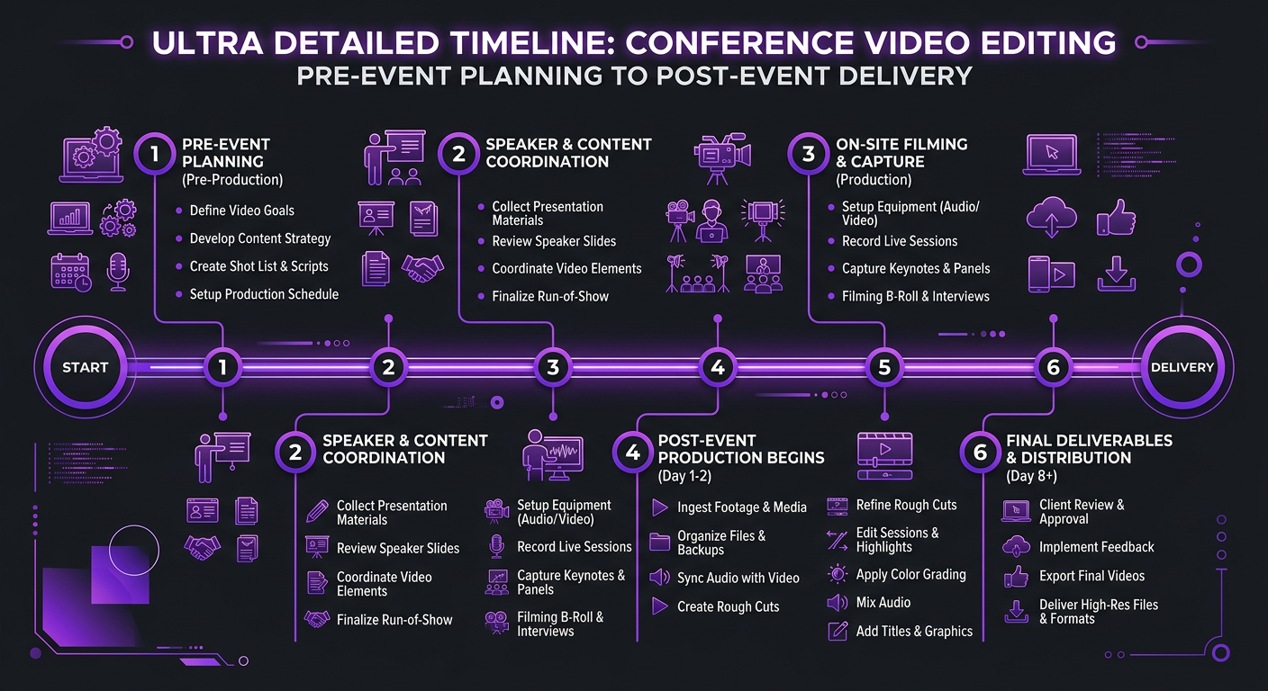 Video Editing for Events & Conferences - Timeline infographic for conference video editing: pre-event