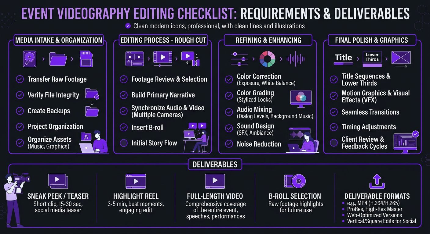 Video Editing for Events & Conferences - Checklist infographic for event videography editing requirem
