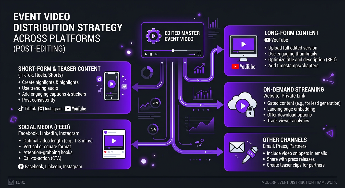 Video Editing for Events & Conferences - Infographic showing event video distribution strategy across