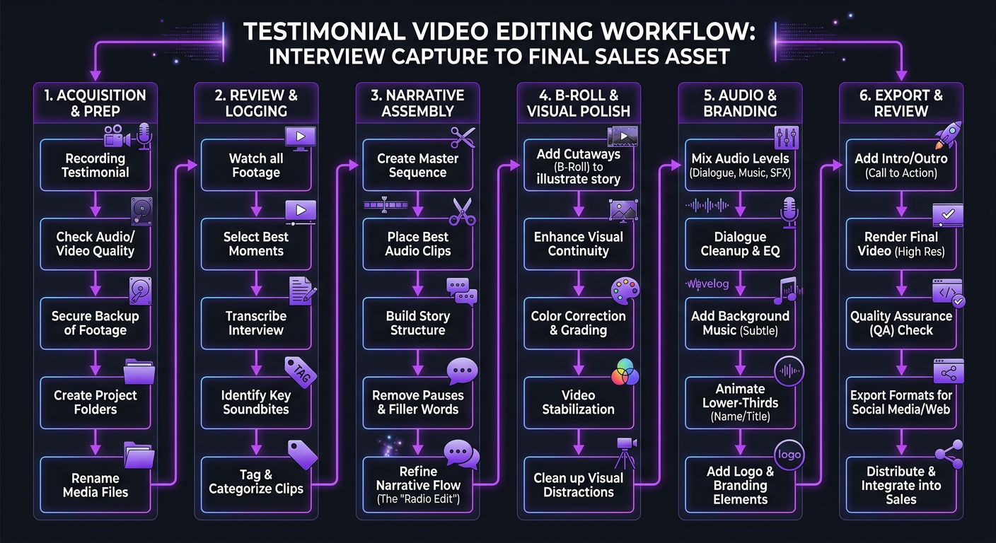 Testimonial Video Editing: Turn Client Stories Into Sales Assets - Flowchart showing testimonial video editing workflow: interv