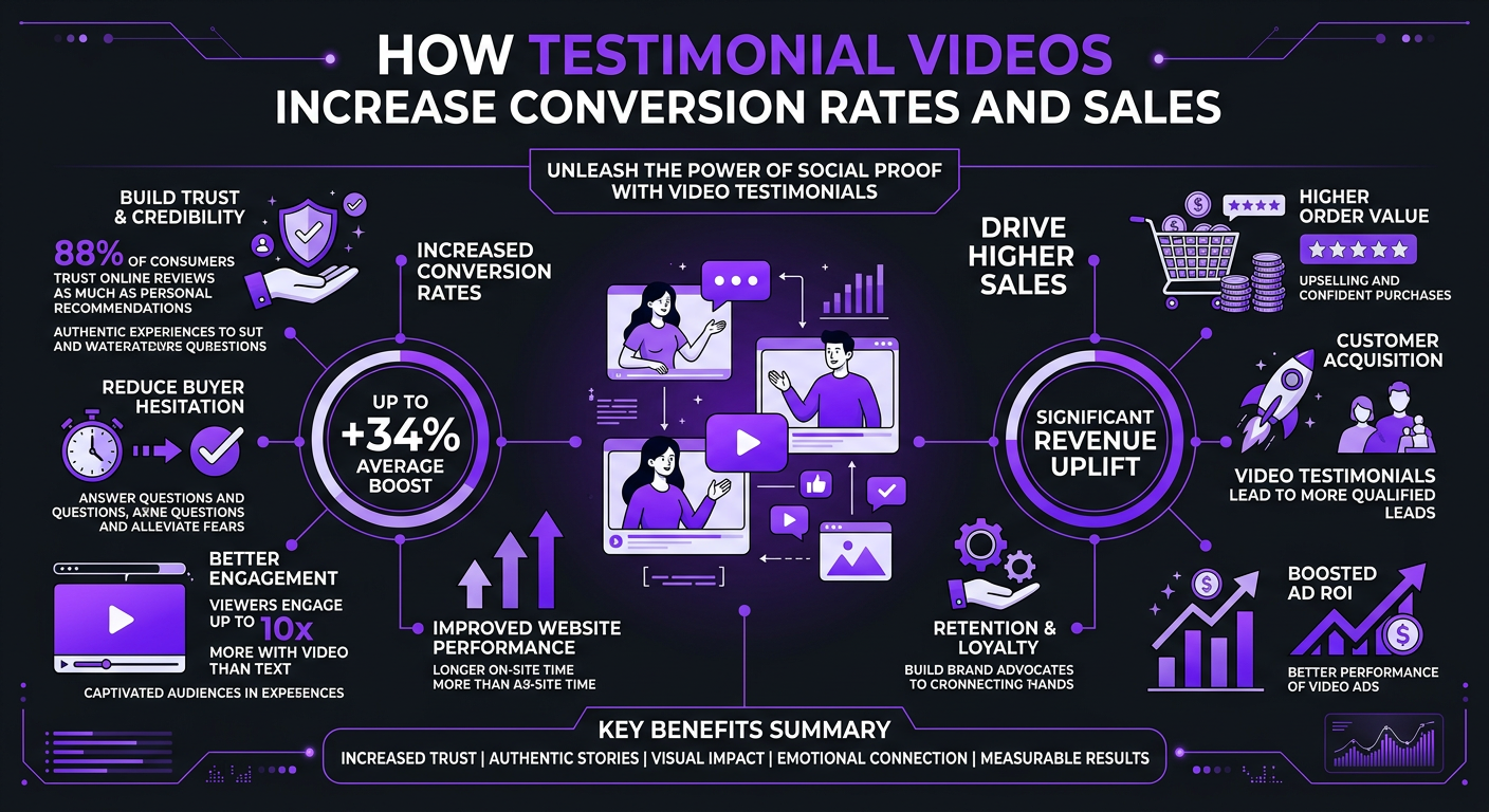 Testimonial Video Editing: Turn Client Stories Into Sales Assets - Statistics infographic showing how testimonial videos increa