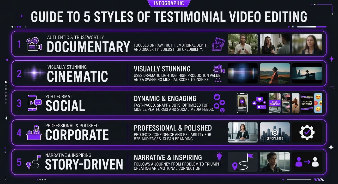 Testimonial Video Editing: Turn Client Stories Into Sales Assets - Guide infographic showing 5 styles of testimonial video edit