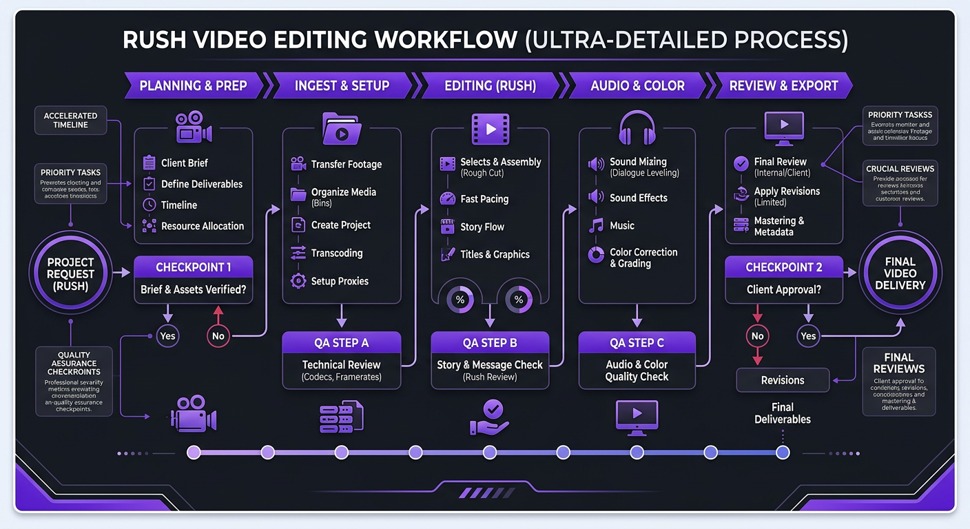 Same-Day Video Editing: Rush Services & What They Cost - Workflow diagram of rush video editing process with checkpoi