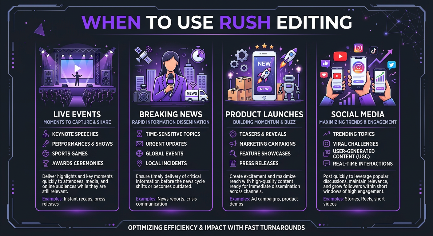 Same-Day Video Editing: Rush Services & What They Cost - Infographic showing when to use rush editing: events, breaki